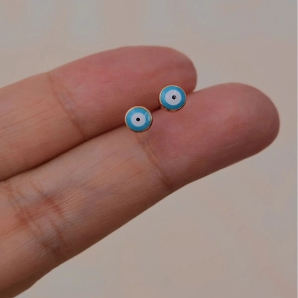 Stud Earrings 18k Gold Plated Blue Evil Eye - Picture 6 of 11